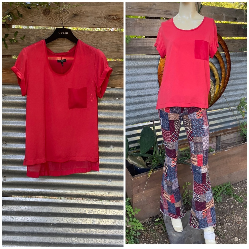 Rag & Bone Red Scoop Neck Sheer Back Pocket Tee Shirt Size Small